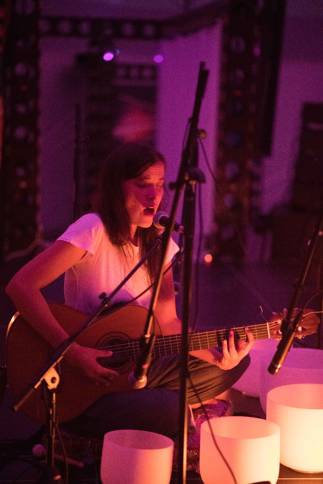 Overhead view of sound healing performance at Wisdome LA dome